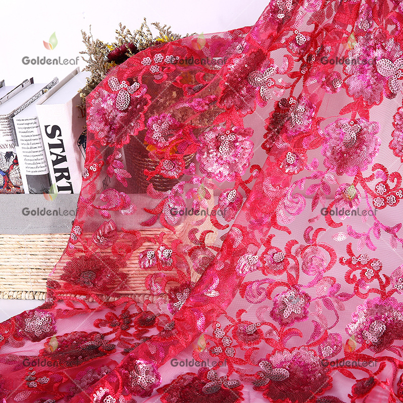 厂家直销爆款重工蕾丝亮片布料 女装连衣裙珠片绣网纱刺绣面料