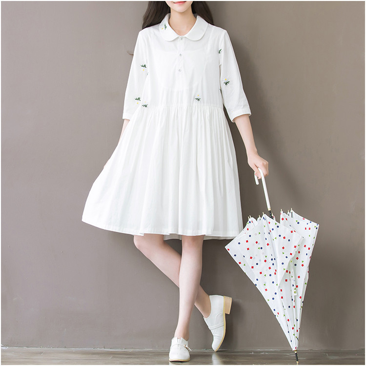 小苍兰 白色小花刺绣棉布连衣裙小清新连衣裙 夏