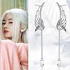 Angel wings with tassels, long earrings, ear clips, accessory, micro incrustation