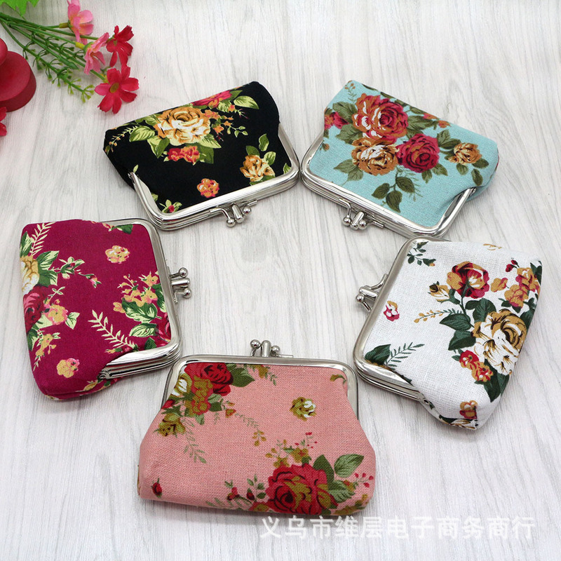 Taobao best selling Korean double layer rose canvas short wallet fabric Lady floral coin purse card bag wholesale