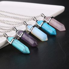 40色水晶吊坠项链 速卖通wish欧美爆款天然石子弹头六角柱项饰