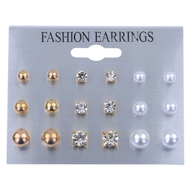 Jewelry Pearl Rhinestone Earrings Stud Earrings 9 Pairs Board Set display picture 3