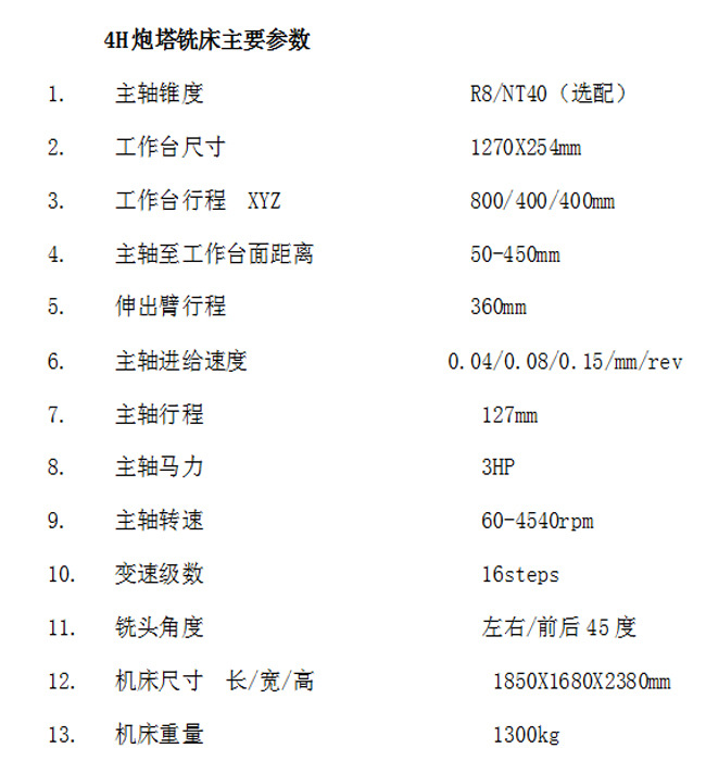 炮塔铣床4H参数图片