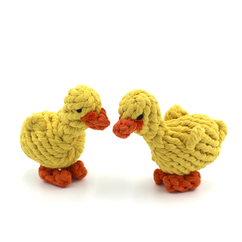 Venta al por mayor juguete de cuerda de algodón para mascotas tejido a mano pequeño pato amarillo gato perro diente limpieza molar animal modelado juguete image 6