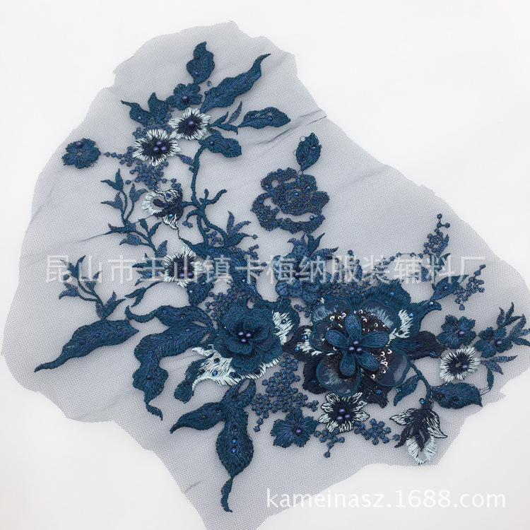 Poliéster bordado de seda macaron negro oro azul con cuentas de diamantes de imitación tridimensional encaje flor pegatinas bordado flor parche