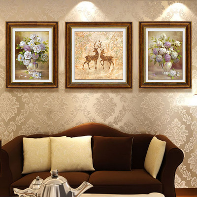 麋鹿装饰画客厅 沙发背景墙组合三联画 美式油画壁画欧式墙画挂画