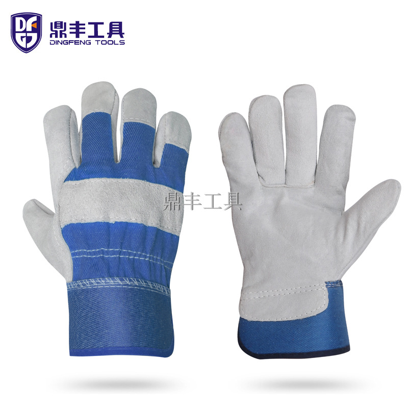 蓝色斜纹布本色牛皮劳保手套 造船厂搬运工耐磨劳动保护工作手套