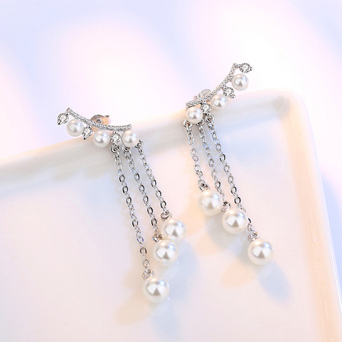 Korean temperament silver jewelry silver earrings earrings women's earrings long exaggerated tassel pearl earrings earrings wholesale