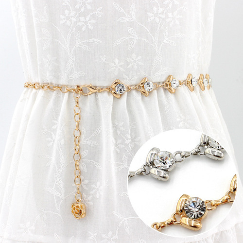 Hot selling Korean version with dress women's decorative waist chain women's thin sweet rhinestone inlaid metal waist chain one piece drop shipping