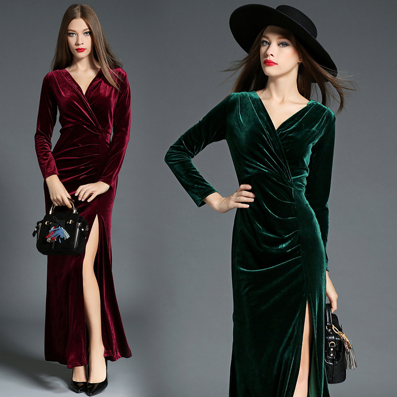 2017欧美秋冬 气质优雅抓褶开叉拖地连衣裙 丝绒礼服长裙