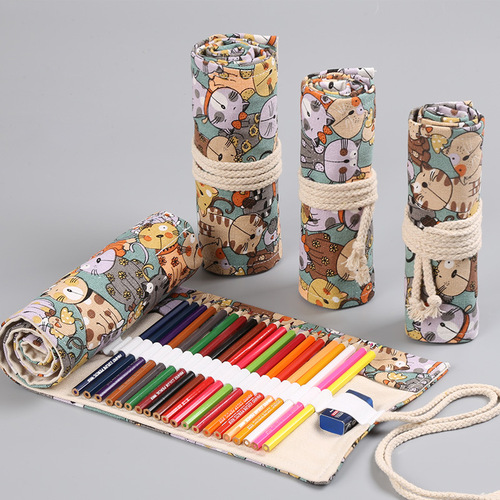 Pure cotton canvas large capacity pen curtain 12 24 36 48 72 holes big face meow cat cartoon men and women color pencil bag