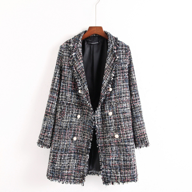 4555661622 1832055227 Fresh style Spring/Autumn female casual jacket coat hand-tassel loose coat checkered Tweed coat jacket lapel thick jacket
