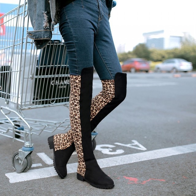 Sexy leopard print long barrel round head low heel Knight boots
