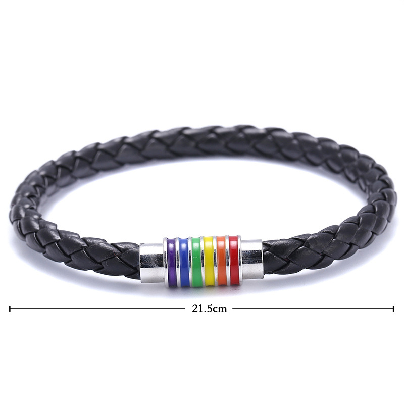 simple braided leather rainbow color titanium steel magnet buckle bracelet