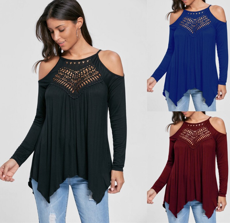 EBAY Amazon large size European and American lace stitching open shoulder long sleeve T-shirt casual top EBAY Amazon large size European and American lace stitching open shoulder long sleeve T-shirt casual top