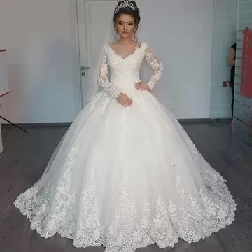 Foreign trade wedding dress 2019 spring new slim shoulder sleeve sleeve wedding dress drag tail lace bridal wedding dress - ShopShipShake