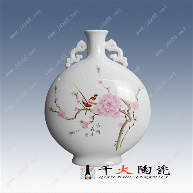 景德镇陶瓷花瓶厂家 手绘水点桃花双耳扁瓶100件