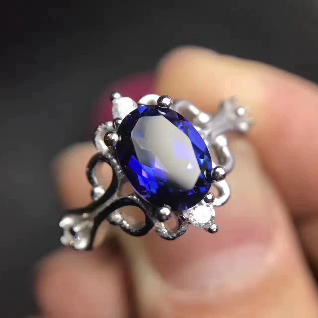 Sapphire blue ring with stone jade, 1 carat, silver 925 sample