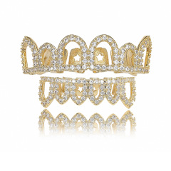 亞馬遜熱賣嘻哈金牙套牙齒萬聖節禮品搞怪HIPHOP鏤空微鑲鋯石金牙