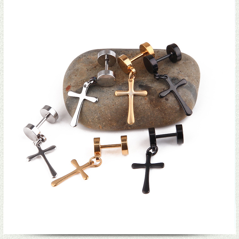 1 Piece Simple Style Cross Plating Titanium Steel Drop Earrings display picture 2