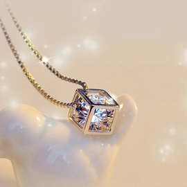 韩版时尚女式S925纯银项链魔方吊坠  微商爆款一件代发 银饰现货