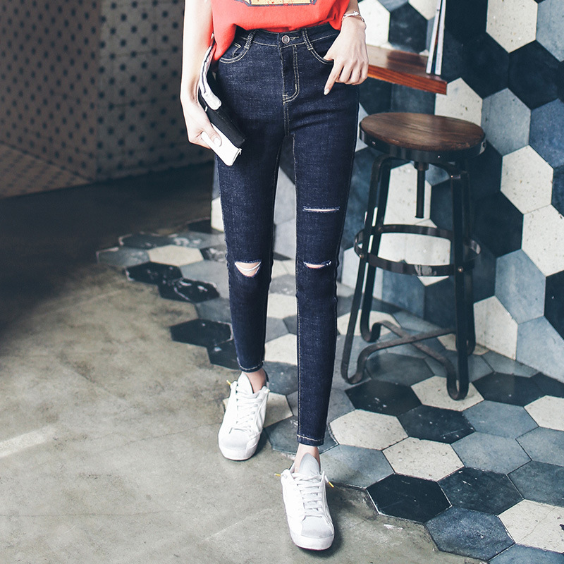 Spring High Waist Knee Ripped Slub Cotton Jeans Women's Ankle-length Pants Slim-fit Skinny Pants Stretch Pencil Pants Spring High Waist Knee Ripped Slub Cotton Jeans Women's Ankle-length Pants Slim-fit Skinny Pants Stretch Pencil Pants