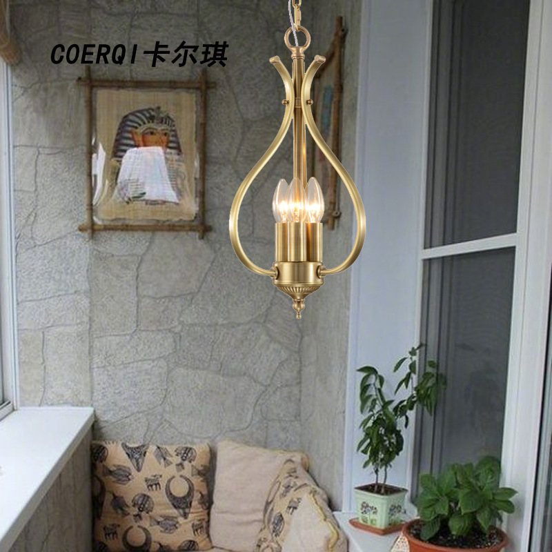 美式过道入户全铜吊灯 新古典复古卧室书房玄关设计师纯铜吊灯