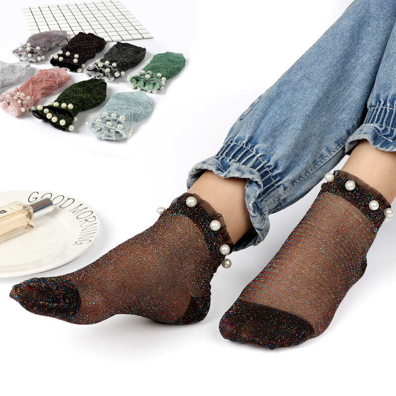 日系秋冬款亮丝超薄日系珠珠袜 蕾丝花边不透明女短袜手工珍珠袜|ms