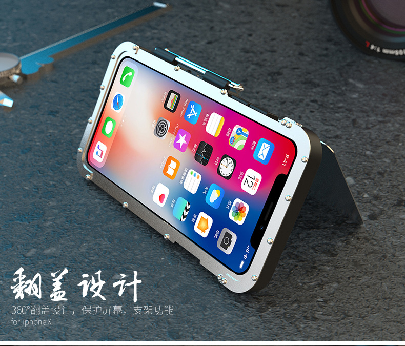 Armor King Iron Man Luxury Shockproof Stainless Steel Aluminum Metal Flip Case Cover for Apple iPhone X