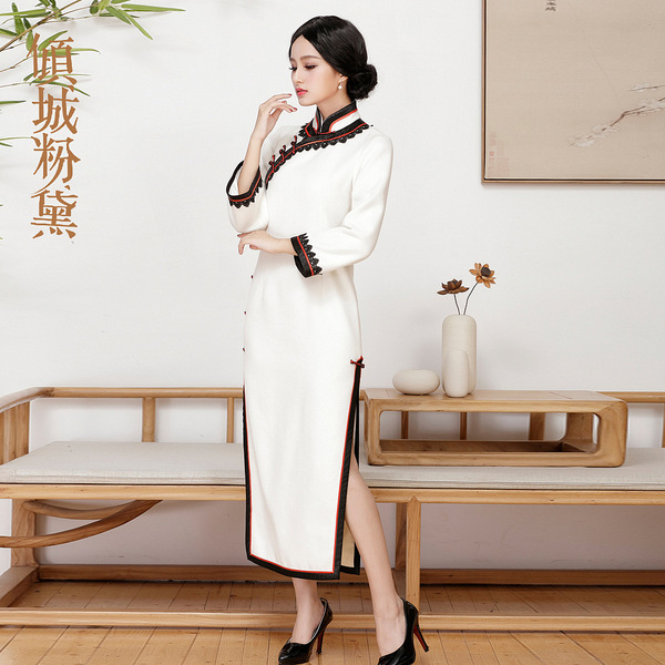 Demi-season fashionable woolen elegant ethnic cheongsam