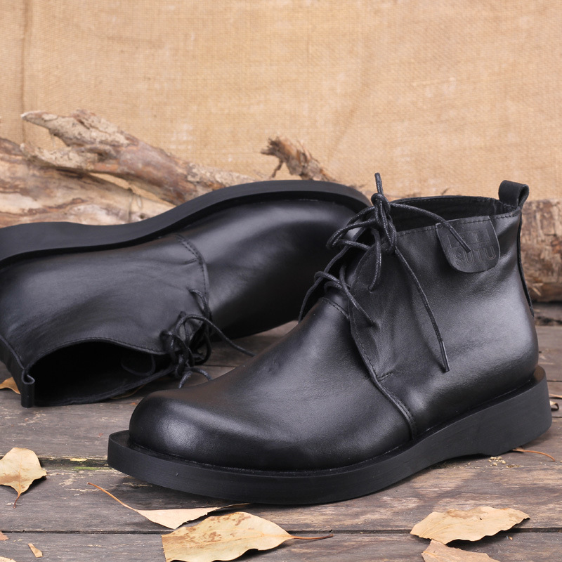 素一人家男鞋高帮鞋男系带手工真皮商务休闲鞋厚底圆头大头皮鞋男