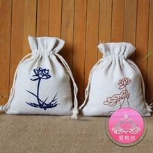 原创中国风束口袋 手工印刷素雅荷花 茶叶 礼品 包装袋子可印logo