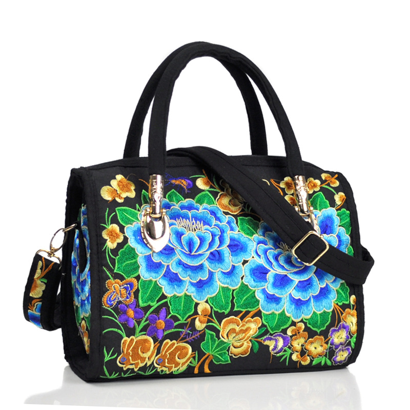 Estilo étnico bordado crossbody portátil de doble uso bolsa de tambor lienzo bordado floral bolsa de viaje hombro portátil bolso de las mujeres