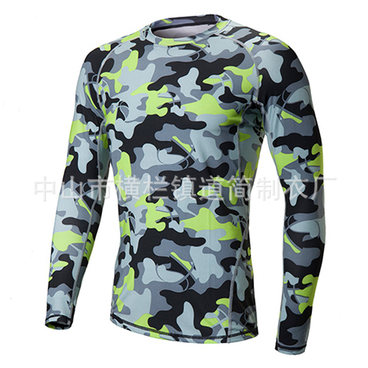 厂家定制迷彩紧身衣男长袖秋季薄健身服弹力运动T恤速干跑步训练