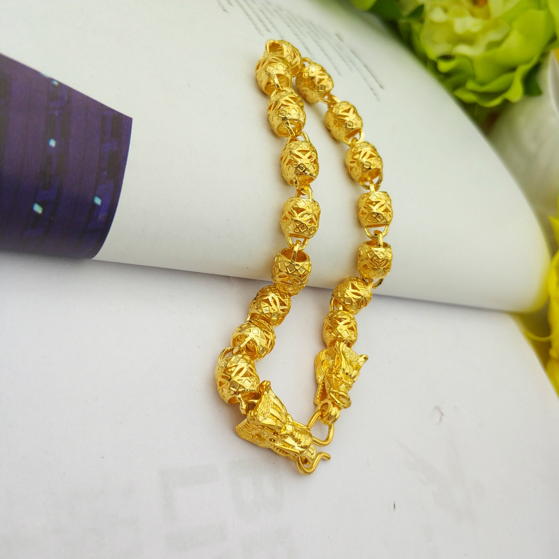 24K Yellow Gold Plated Double Dragon Head Lantern Chains Bracelet