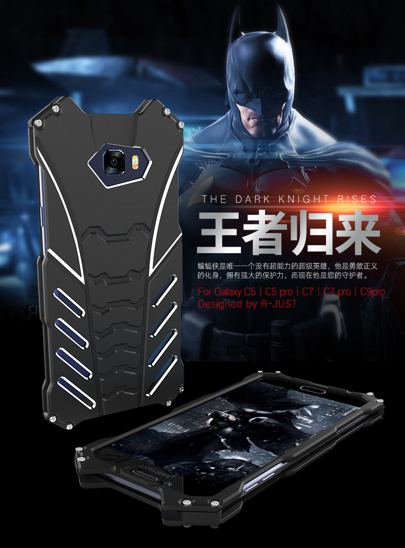R-Just Batman Shockproof Aluminum Shell Metal Case with Custom Batarang Stent for Samsung Galaxy C9 Pro / C7 Pro / C7 / C5 Pro / C5