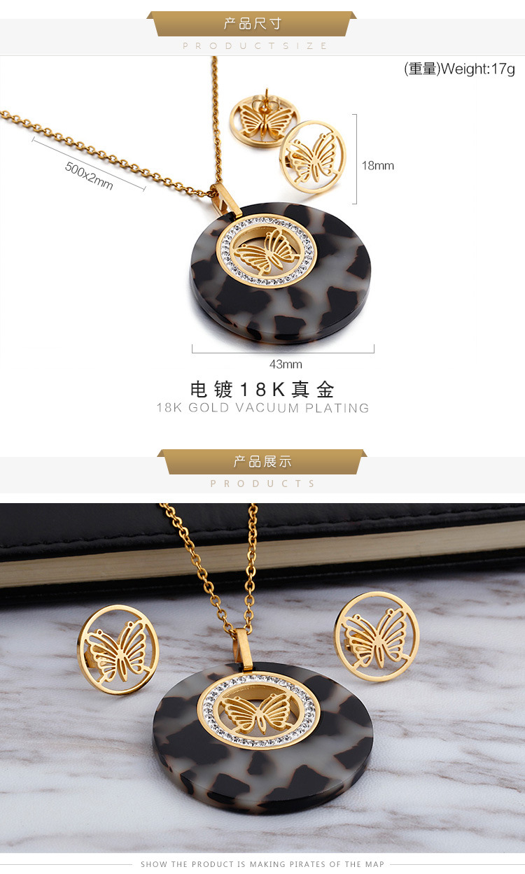wholesale fashion stainless steel diamond round gold butterfly necklace earring set ornaments