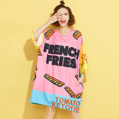 欧美风200斤胖妹妹大码女装印花连衣裙2020春夏加肥加大宽松女T恤