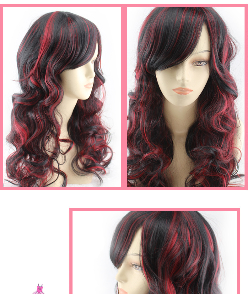 Perruque synthétique longue tête entière pour femme, frange inclinée, grande vague bouclée, surlignée en rouge_voghion.com
