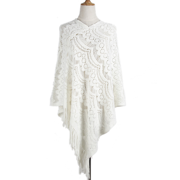 Mid-length crochet patterned hollowed-out irregular fringe pullover sweater women's cape cape sweater_voghion.com