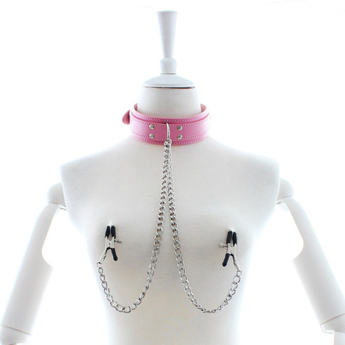 Adult erotic bondage neck cover SM training binding PU iron chain collar breast clamp couple flirting sex products