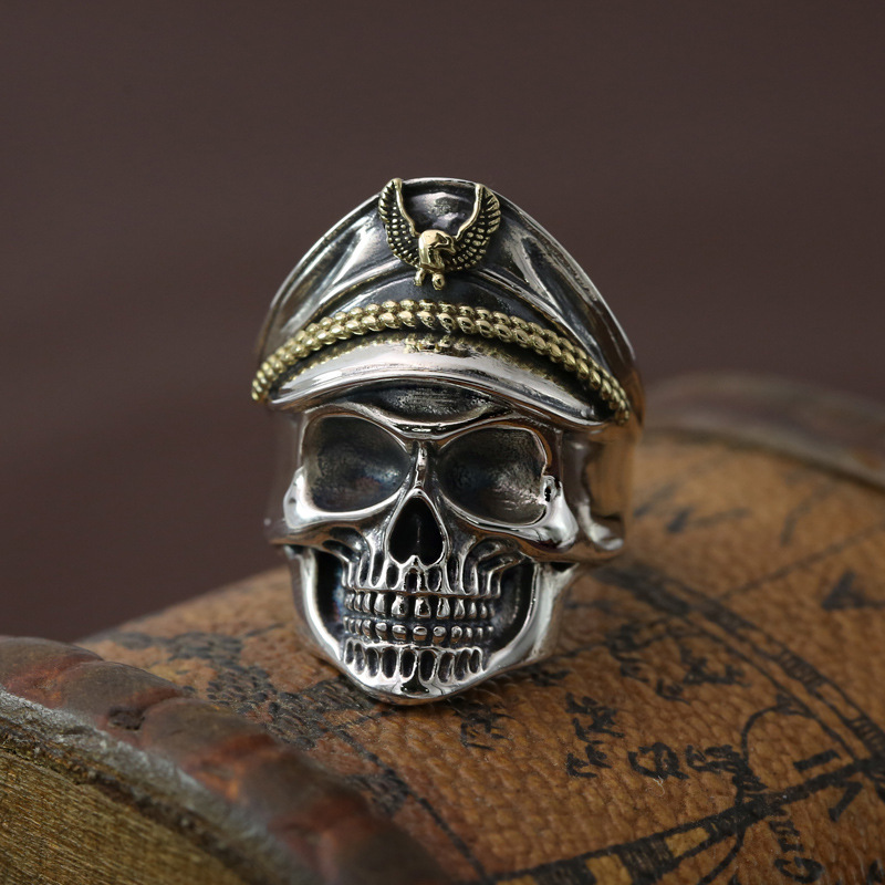 S925纯银时尚饰品个性男复古泰银骷髅头戒指夸张海盗船长食指指环