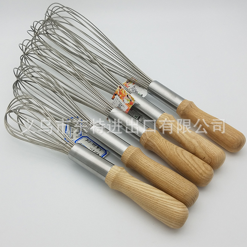 Factory direct sales of stainless steel egg beaters, 8-line oak handle stirrers, high-end manual egg beaters, baking utensils detail image 2