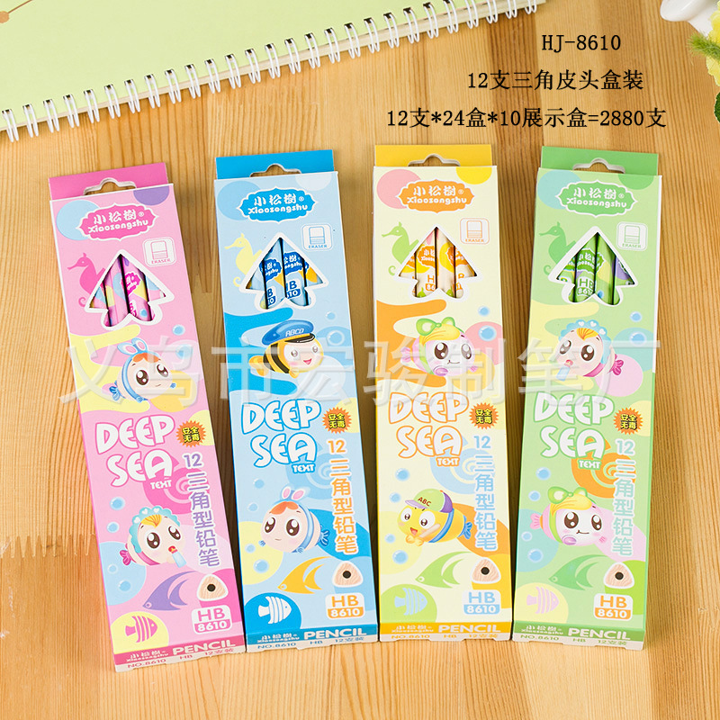 Manufacturer's stock of 12 wooden writing cartoon pencils in V-belt eraser boxes, student pencils HJ-8610 detail image 1