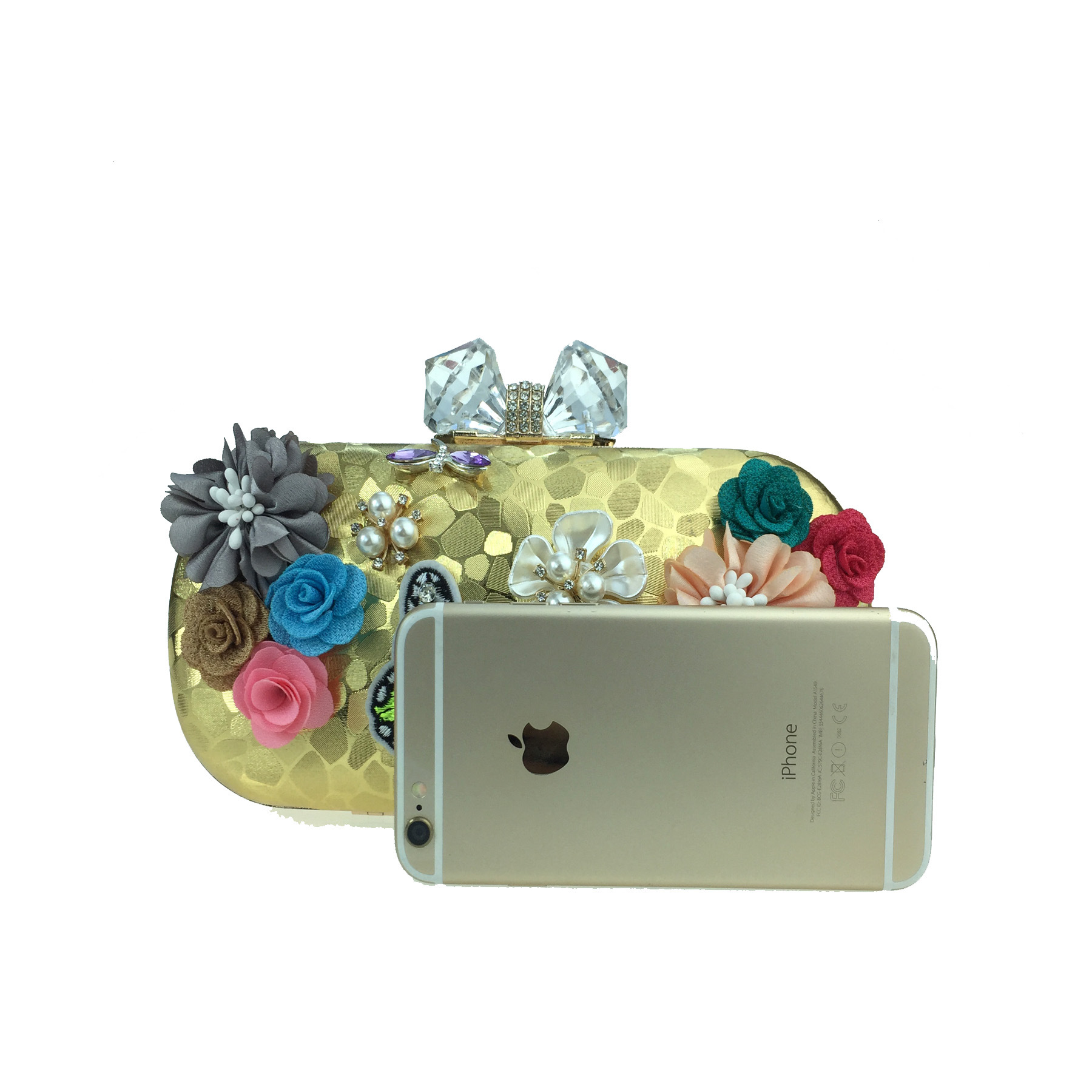 Túi clutch nữ dạ tiệc hoa satin thêu hạt bướm ngọc trai, tay cầm kim loại và dây đeo ngọc trai — Màu đỏ, Màu vàng, Màu bạc chi tiết 19