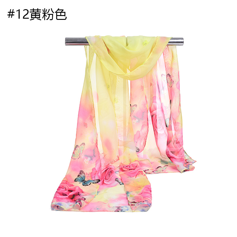 春夏新款韓版蝴蝶圍巾雪紡印花精典花卉長款絲巾防曬絲巾