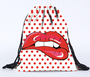 速卖通3d束口袋 双肩包 白底红波点红唇环保购