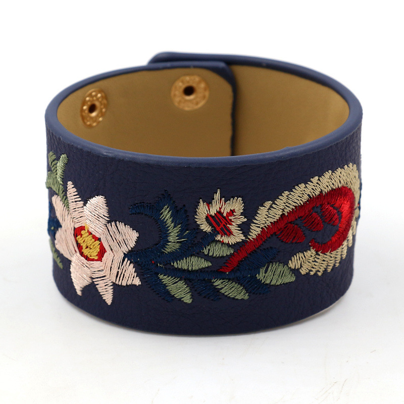 Europe and the United States cross-border jewelry embroidery cashew flower PU leather wide bracelet women's snap bracelet multicolor a generation of hair