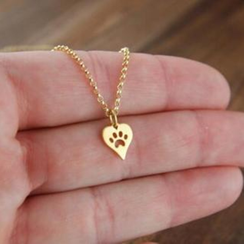 New cute animal cat paw foot necklace openwork peach heart necklace heart shaped dog paw print neckl