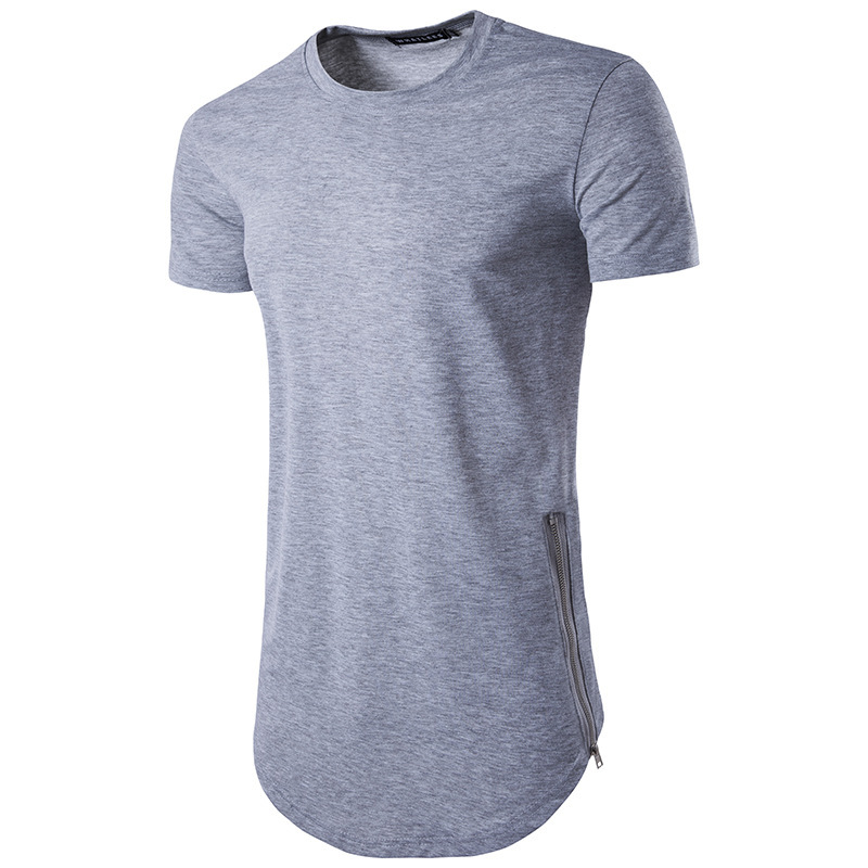 Summer men's high street style double zipper crew neck slim short sleeve t-shirt men's large long thin T-shirt